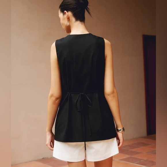 Black Cotton & Linen Crew Neck Sleeveless Button Up Front Longline Vest - Picture 5 of 14